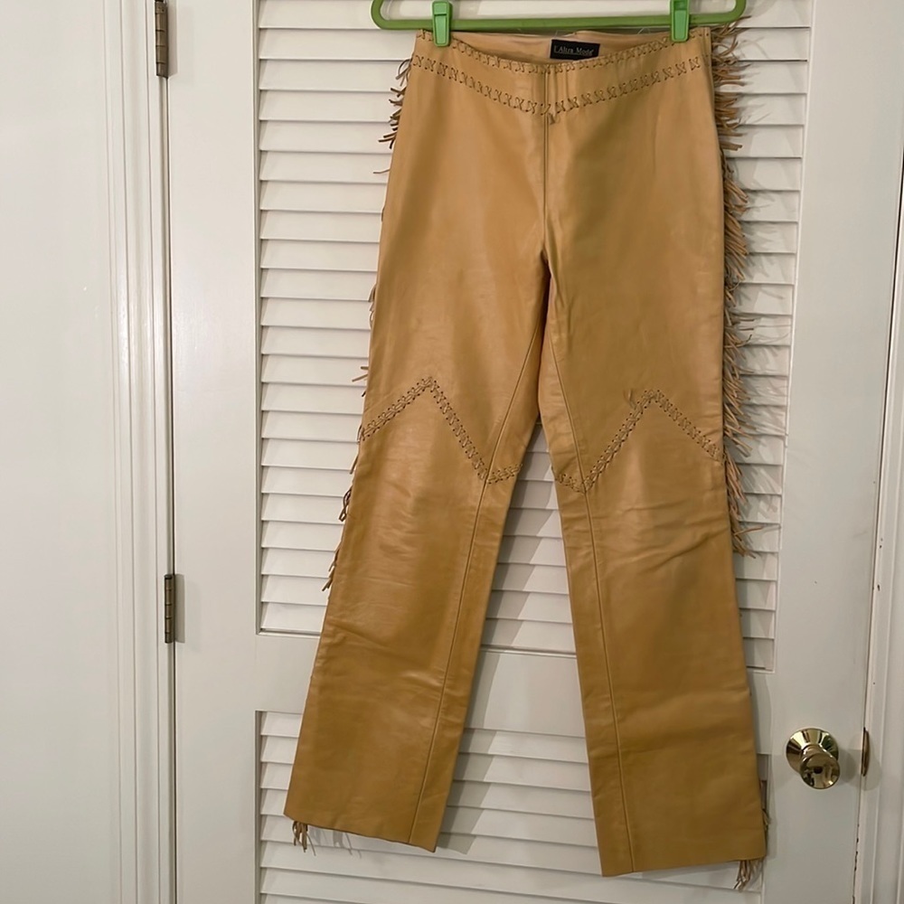 Vintage Rare L’ALTRA Moda Leather Fringed Woven Whip Stitch Detailed Pants